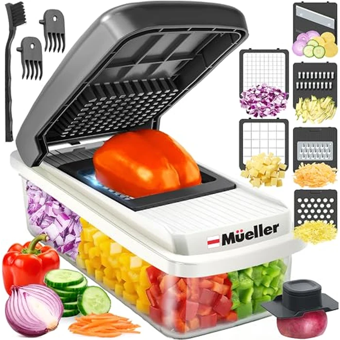 Mueller Vegetable Chopper Mandoline Slicer, Food Veggie Chopper, Cheese Grater, Onion Vegetable Cutter with Container, Dicer, Kitchen Gadgets & Essentials, White Sand/Grey by MUELLER HOME - Used - Very Good condition - US$20.65