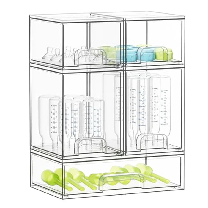 SpaceAid Bottle Storage Organizer Baby - Acrylic Bottles Station Organizer Container, Stackable Clear Drawers for Countertop, Vanity, Bathroom, Cabinet, Pantry Organization, 5 Pack, 2S2M1L, 15.4" H by SpaceAid - Used - Like New condition - US$55.08
