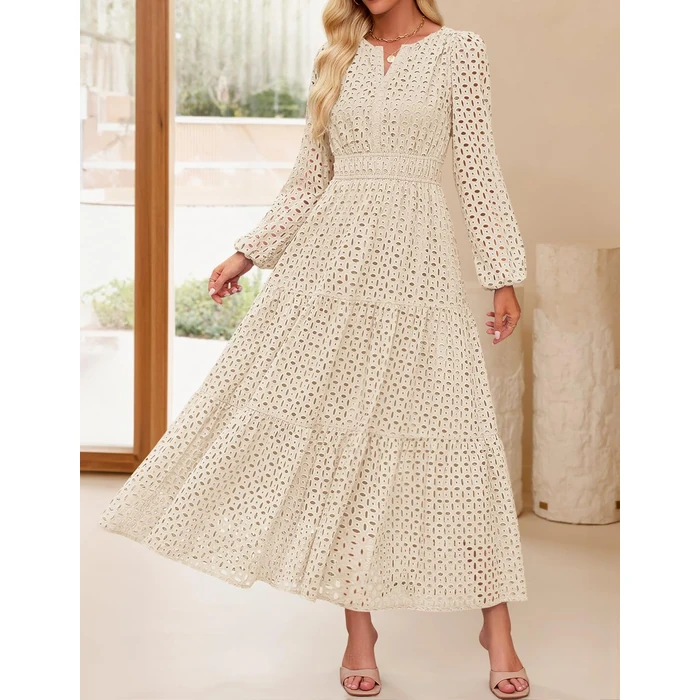 ZESICA Women's 2026 Spring Long Sleeve Maxi Dress V Neck Hollow Out Eyelet A Line Long Flowy Casual Party Dresses Apricot XX-Large by ZESICA - Image 8