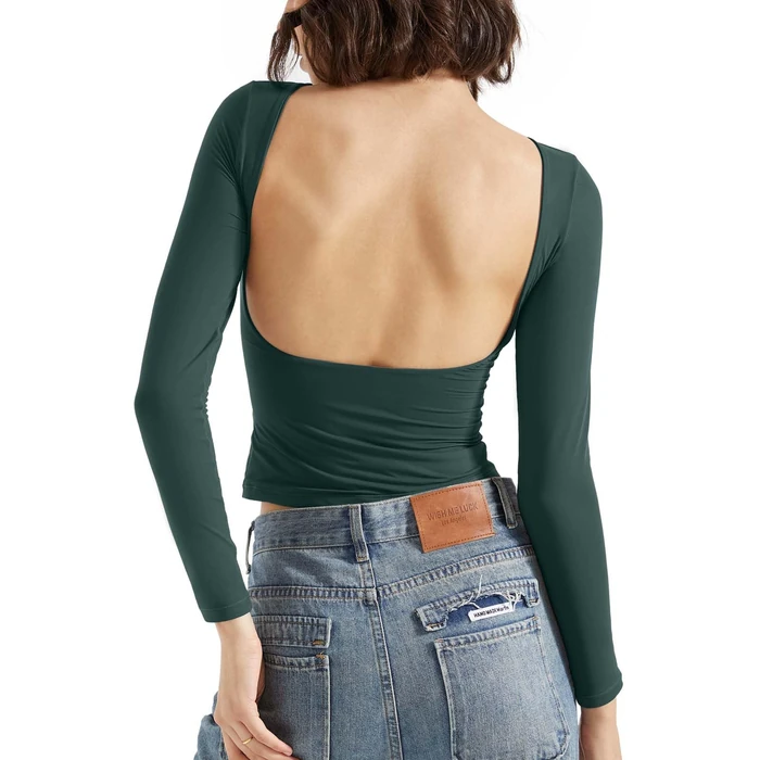 SUUKSESS Women Backless Going Out Tops Double Lined Open Back Basic Long Sleeve T Shirts (Emerald, M) by SUUKSESS - Image 1
