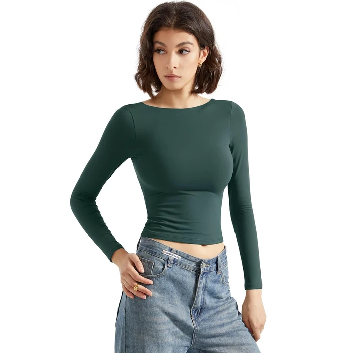 SUUKSESS Women Backless Going Out Tops Double Lined Open Back Basic Long Sleeve T Shirts (Emerald, M) by SUUKSESS - Image 2