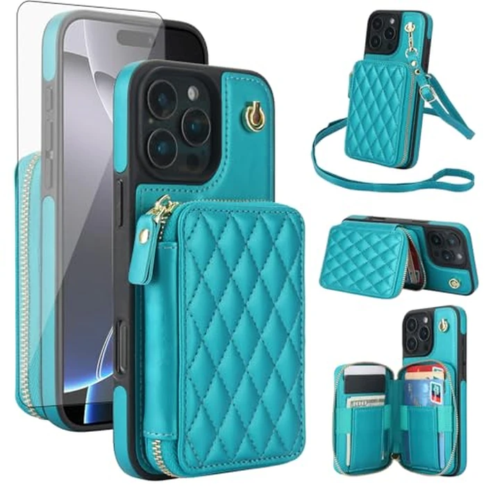 Phone Case for iPhone 16 Pro 6.3 inch Wallet Cell Cover with Tempered Glass Screen Protector Wrist Crossbody Strap Lanyard Stand RFID Blocking Credit Card Holder i Phone16 i16 16Pro Women Girls Green by Asuwish - Image 1