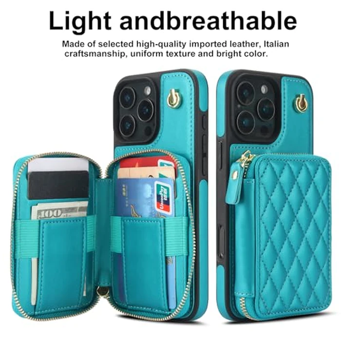 Phone Case for iPhone 16 Pro 6.3 inch Wallet Cell Cover with Tempered Glass Screen Protector Wrist Crossbody Strap Lanyard Stand RFID Blocking Credit Card Holder i Phone16 i16 16Pro Women Girls Green by Asuwish - Image 3