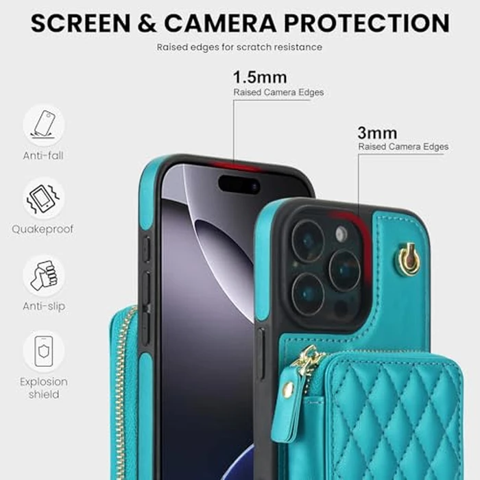 Phone Case for iPhone 16 Pro 6.3 inch Wallet Cell Cover with Tempered Glass Screen Protector Wrist Crossbody Strap Lanyard Stand RFID Blocking Credit Card Holder i Phone16 i16 16Pro Women Girls Green by Asuwish - Image 8