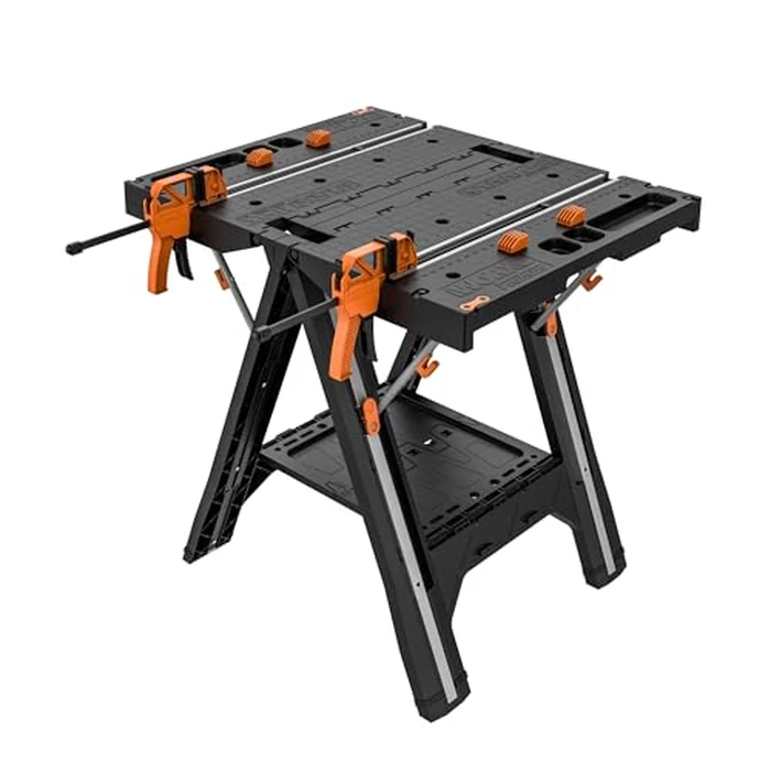 Worx Pegasus 2-in-1 Folding Work Table & Sawhorse, Easy Setup Portable Workbench, 31" W x 25" D x 32" H Lightweight Worktable with Heavy-Duty Load Capacity, WX051 - Includes 2 Clamps & 4 Clamp Dogs by WORX - Used - Acceptable condition