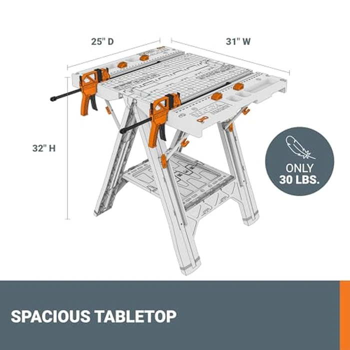Worx Pegasus 2-in-1 Folding Work Table & Sawhorse, Easy Setup Portable Workbench, 31" W x 25" D x 32" H Lightweight Worktable with Heavy-Duty Load Capacity, WX051 - Includes 2 Clamps & 4 Clamp Dogs by WORX - Image 4