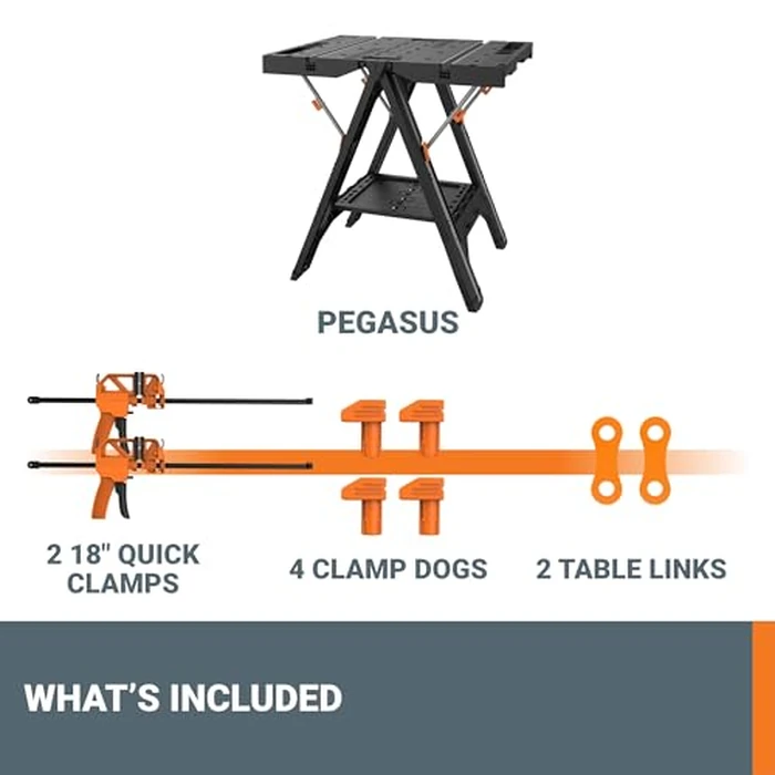 Worx Pegasus 2-in-1 Folding Work Table & Sawhorse, Easy Setup Portable Workbench, 31" W x 25" D x 32" H Lightweight Worktable with Heavy-Duty Load Capacity, WX051 - Includes 2 Clamps & 4 Clamp Dogs by WORX - Image 6
