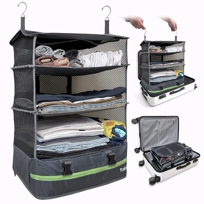 Stow-N-Go Portable Hanging Travel Shelves, Packing Organizer for Luggage. Carry on Closet for Clothes. Expandable Packing Cube. Travel Essentials. Dak Gray - XL by Grand Fusion - Used - Very Good condition - US$24.26
