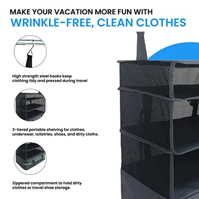 Stow-N-Go Portable Hanging Travel Shelves, Packing Organizer for Luggage. Carry on Closet for Clothes. Expandable Packing Cube. Travel Essentials. Dak Gray - XL by Grand Fusion - Image 8