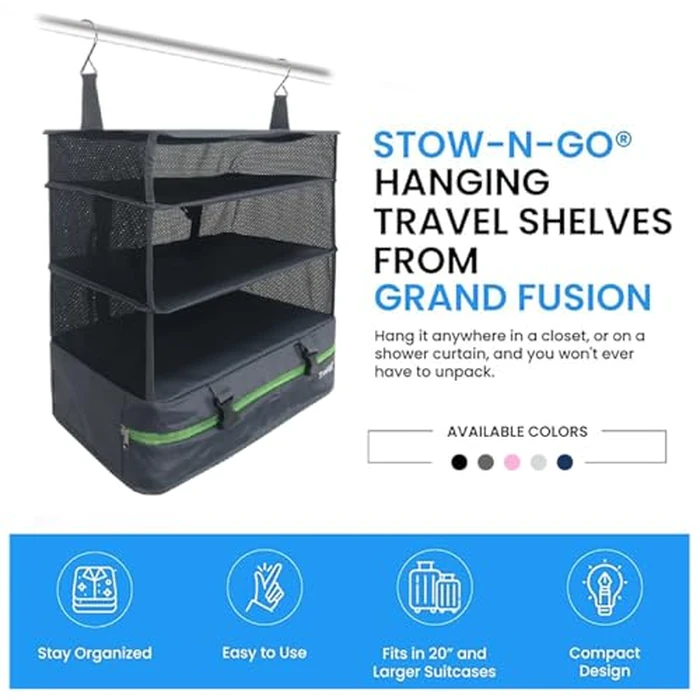 Stow-N-Go Portable Hanging Travel Shelves, Packing Organizer for Luggage. Carry on Closet for Clothes. Expandable Packing Cube. Travel Essentials. Dak Gray - XL by Grand Fusion - Image 9