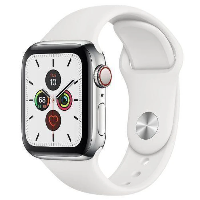 Apple Watch Series 5 (Cellular + GPS) - 32GB - 40mm - Silver Stainless Steel Case with White Rubber Sport Band by Apple - Image 2