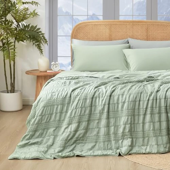 Cozy Bliss Seersucker Cooling Comforter King Size, Q-Max 0.45 Reversible Lightweight Cooling Blanket, Breathable Silk Smooth Summer Bedding Quilt for Hot Sleepers Night Sweats Sage Green by Cozy Bliss - Image 1