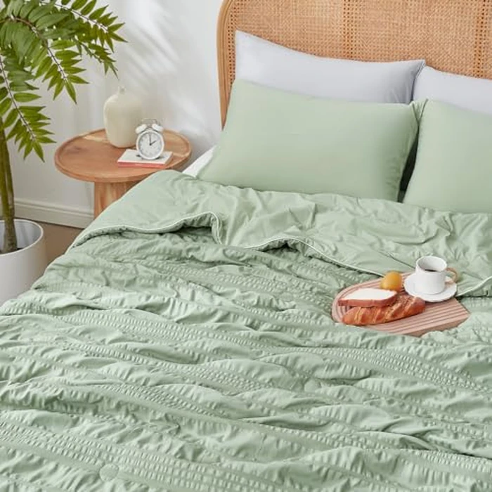 Cozy Bliss Seersucker Cooling Comforter King Size, Q-Max 0.45 Reversible Lightweight Cooling Blanket, Breathable Silk Smooth Summer Bedding Quilt for Hot Sleepers Night Sweats Sage Green by Cozy Bliss - Image 5