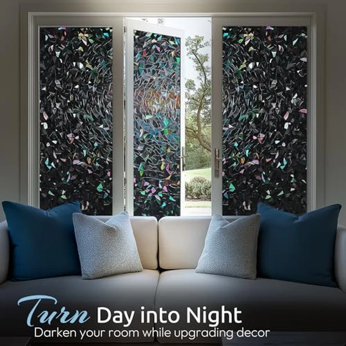 rabbitgoo Blackout Window Films for Privacy, 3D No Glue Rainbow Window Clings, UV Blocking Removable Stained Glass Tint Film, Privacy Glass Stickers for Home Office Door, Black, 90x200cm by rabbitgoo - Image 3