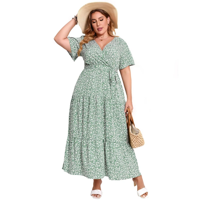 KOJOOIN Women Plus Size V Neck Wrap Maxi Dress Short Sleeves High Waist Ruffle Summer Casual Dress with Belt Green White Leaf Flower 4XL by KOJOOIN - Used - Like New condition - US$37.99