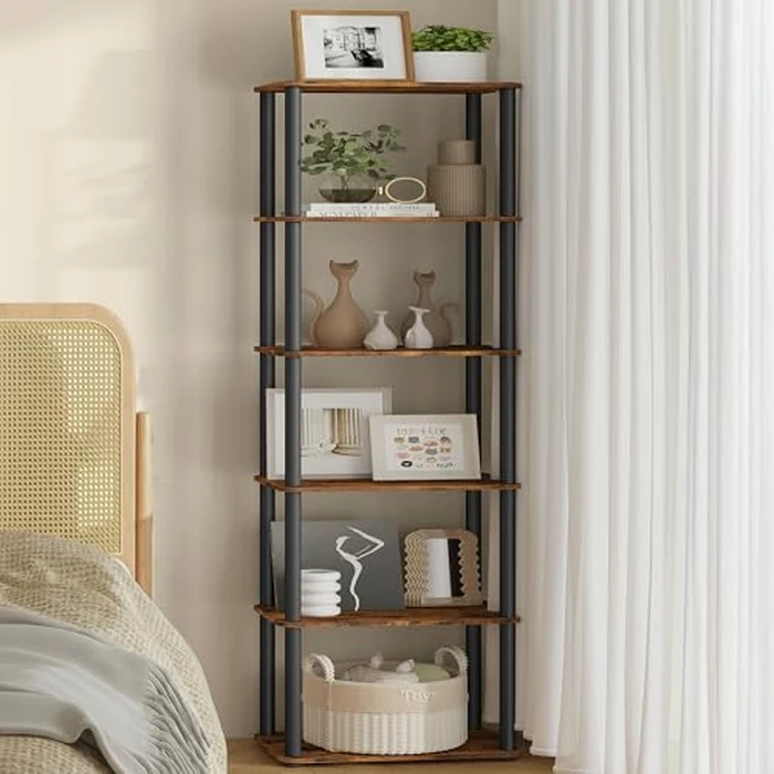 VASAGLE Superfast Toolless Assembly, 6-Tier Shelf for Living Room, Standing Shelf, Bookshelf, Bedroom, Kitchen, 9.4 x 15 x 68.3 Inches, Rustic Brown and Ink Black ULLS136K01 by VASAGLE - Used - Good condition - CA$40.49