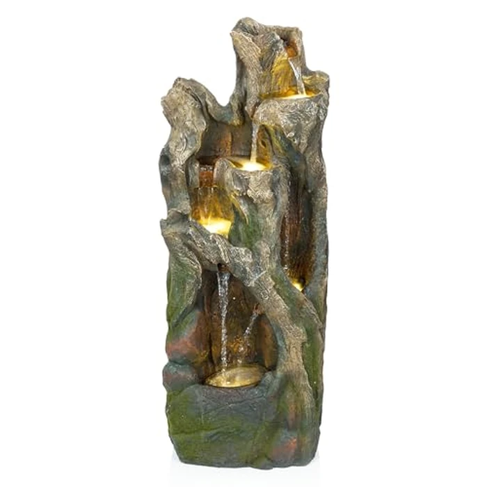 Alpine Corporation 40” Tall Outdoor Tree Trunk Water Fountain with LED Lights, Cascading Garden Fountain, Outdoor Floor Water Feature for Patio, Lawn, and Backyard, Gray by Alpine Corporation - Used - Very Good condition - US$340.96