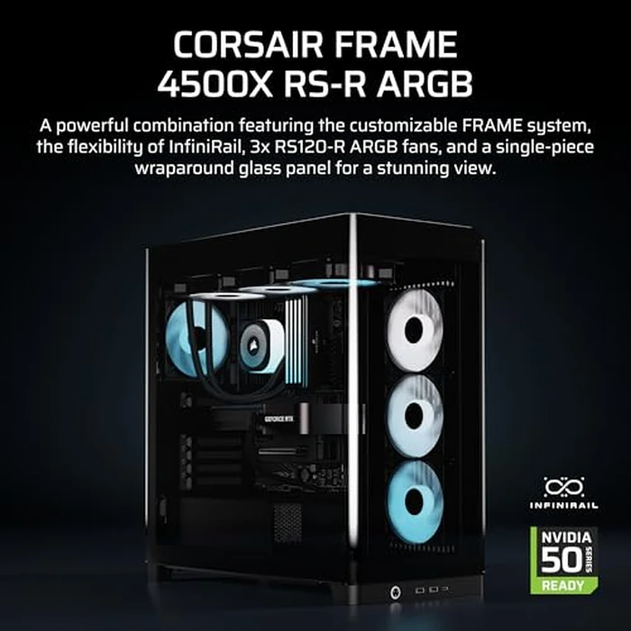 CORSAIR Frame 4500X RS-R ARGB Panoramic Glass Mid-Tower PC Case - InfiniRail Mounting System, Fits Dual 360mm Radiators, GPU Anti-Sag, 3X RS120R Fans Included - Black by Corsair - Image 2