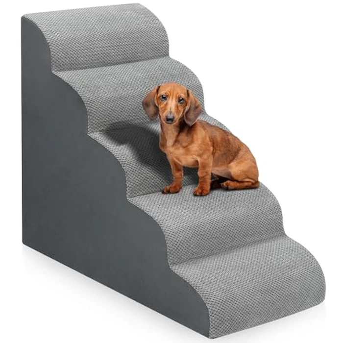 Dog Stairs for Bed 28.7”H, 5-Step Dog Ramp, Non-Slip Sturdy Pet Steps for Small Dogs & Cats to get on High Bed or Couches, Grey by MEJYJEM - Used - Very Good condition - US$55.19