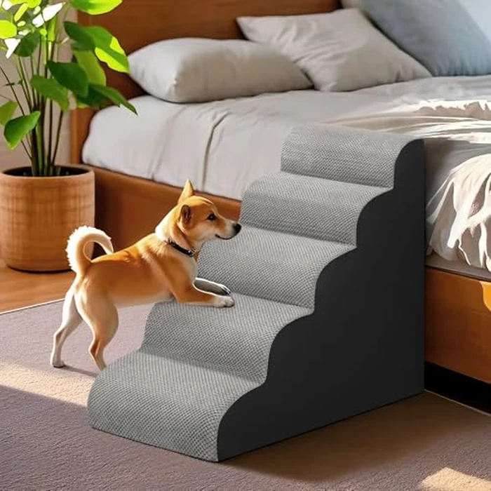 Dog Stairs for Bed 28.7”H, 5-Step Dog Ramp, Non-Slip Sturdy Pet Steps for Small Dogs & Cats to get on High Bed or Couches, Grey by MEJYJEM - Image 7