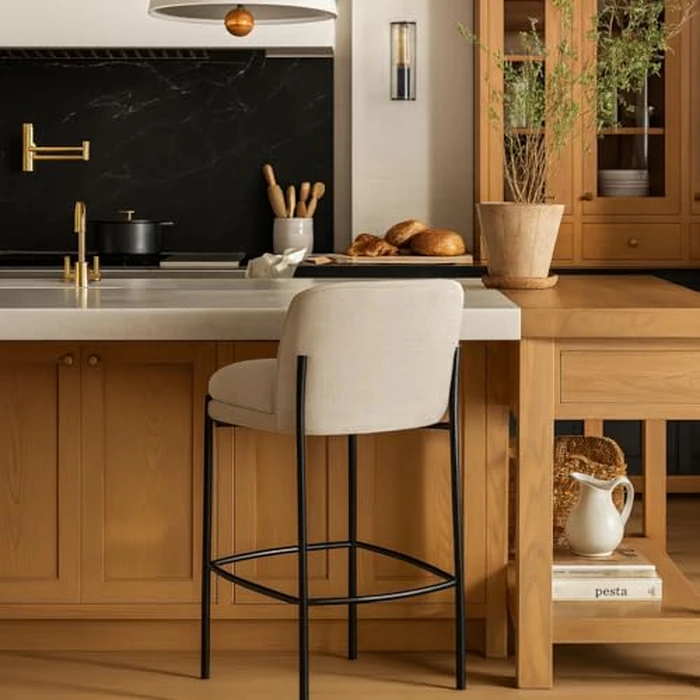 Meridian Furniture 429Beige-C Burton Collection Modern | Contemporary Stool with Soft Beige Chenille Fabric, Matte Black Metal Frame, 17.5" W x 19.5" D x 32.5" H, Beige, Set of 2 by Meridian Furniture - Image 2