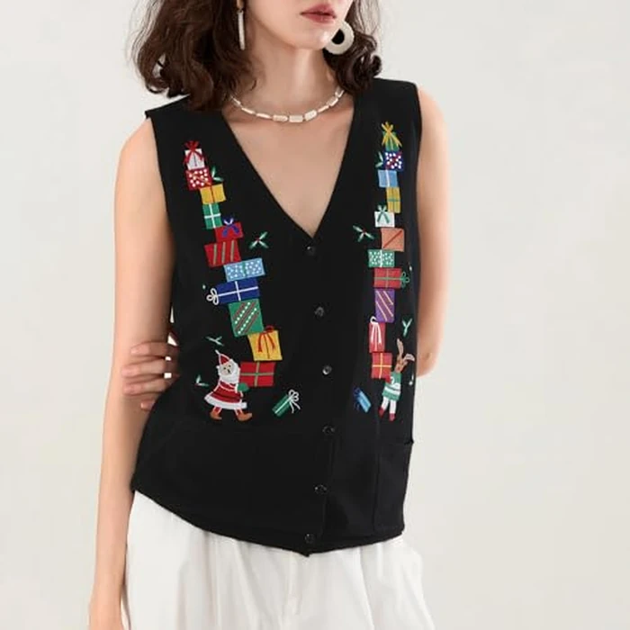 KMBANGI Women Christmas Button Sweater Vest Embroidery Santa Print Sleeveless Cardigan Knit V Neck Vest Top Xmas Clothes(Gifts Black,S) by KMBANGI - Used - Very Good condition