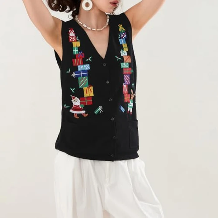KMBANGI Women Christmas Button Sweater Vest Embroidery Santa Print Sleeveless Cardigan Knit V Neck Vest Top Xmas Clothes(Gifts Black,S) by KMBANGI - Image 2