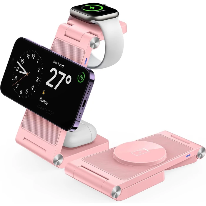 Gejiucai 3 in 1 Foldable Wireless Charging Station Travel Charger - Pink by Gejiucai - Image 2