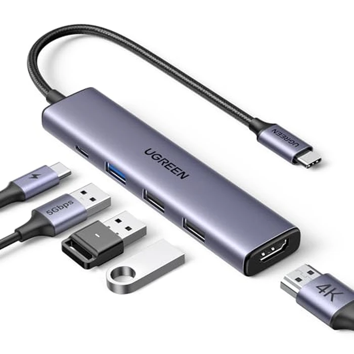 UGREEN Revodok USB C Hub 5-in-1, Multiport Adapter with 4K HDMI, 3 USB A Data Transfer 5Gbps, 100W Charging Port, Compatible with MacBook Air/Pro, HP, ASUS, iPad Pro/Air, iPhone 17 Pro/Max, Gray by UGREEN - Used - Good condition
