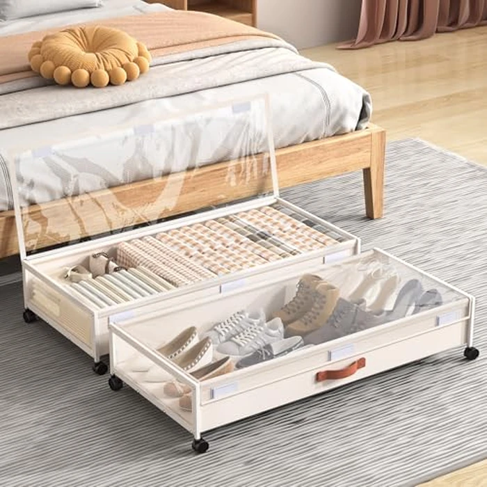 Under Bed Storage Containers with Wheels Large Underbed Shoes Blankets Clothes Toy Storage Drawers for College Dorms Bedrooms Nursery Rooms Organization (White 2 Pack, 7.5in height(36"x16.6"x7.48")) by Eastherry - Used - Like New condition