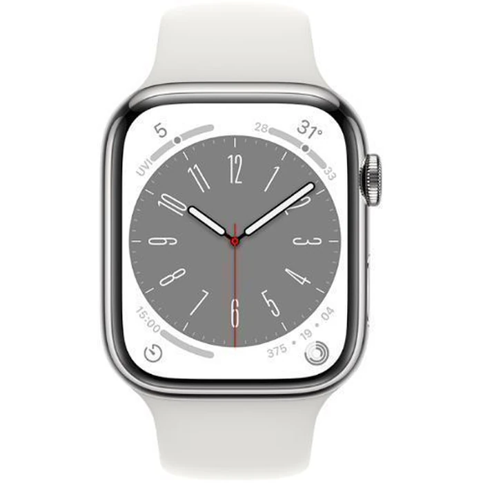 Apple Watch Series 8 (Cellular + GPS) - 32GB - 41mm - Silver Stainless Steel Case with White Rubber Sport Band by Apple - Image 1