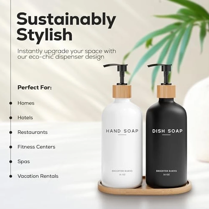 Luxury Glass Hand and Dish Soap Dispenser Set by Brighter Barns - Kitchen Soap Dispenser Set with Tray - Bamboo Pump Bottle for Kitchen Sink - Boho Home Decor, Modern Decor in Restaurant (Black/White) by Brighter Barns - Used - Acceptable condition - US$22.24