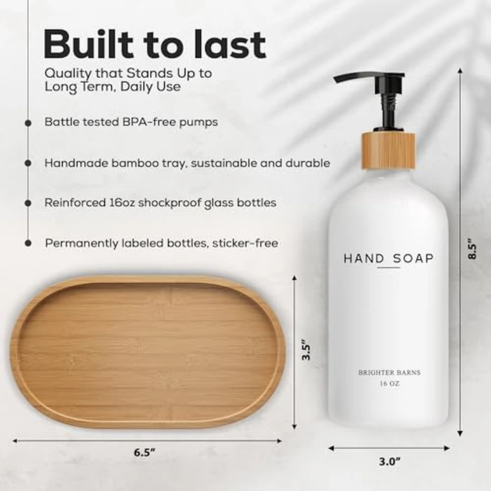 Luxury Glass Hand and Dish Soap Dispenser Set by Brighter Barns - Kitchen Soap Dispenser Set with Tray - Bamboo Pump Bottle for Kitchen Sink - Boho Home Decor, Modern Decor in Restaurant (Black/White) by Brighter Barns - Image 2