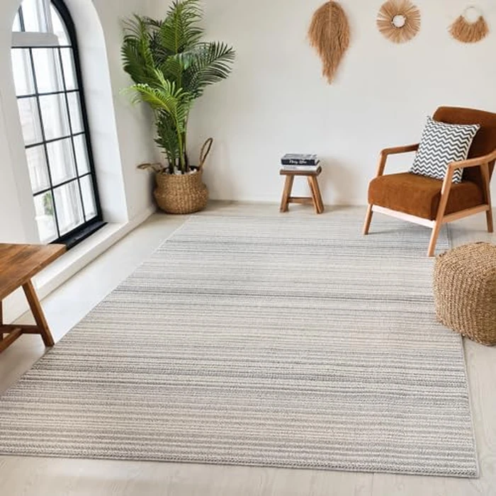 Rug Branch Sena 4' x 6' (3'11" x 5'7") Grey/Beige Striped Indoor Area Rug, Contemporary, Medium Pile, Stain-Resistant Carpet - Living Room, Bedroom, Dining Room, and Kitchen by Rug Branch - Used - Very Good condition