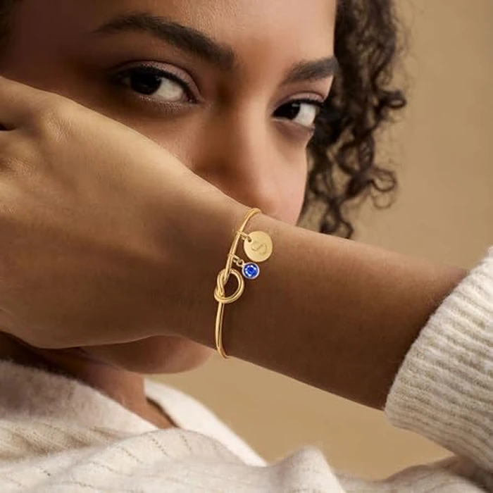 KOHOTA Initial Birthstone Gold Bracelets for Women Tie the Love Knot Cuff Bangle Bracelet 14K Gold Plated Adjustable Birthstone Bracelets Personalized A-Z Letter Charm Birthday Gift by KOHOTA - Image 2