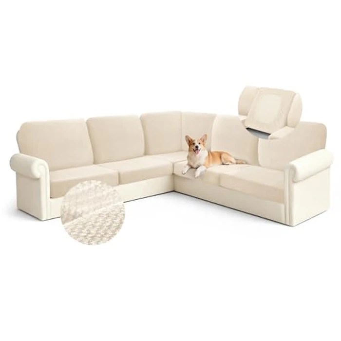 Arfntevss Velvet Sectional Couch Covers L Shape Couch Cushion Covers Slipcovers Fitted Stretch Corner Pet Sofa Cover for Dog Soft & Non-slip U Shaped Furniture Protector (5 Seat 6 Back Cushion, Beige) by Arfntevss - Used - Like New condition