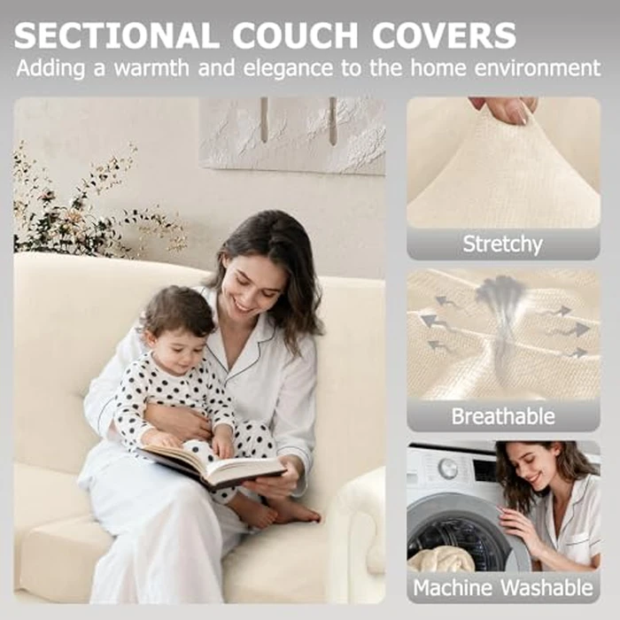 Arfntevss Velvet Sectional Couch Covers L Shape Couch Cushion Covers Slipcovers Fitted Stretch Corner Pet Sofa Cover for Dog Soft & Non-slip U Shaped Furniture Protector (5 Seat 6 Back Cushion, Beige) by Arfntevss - Image 2