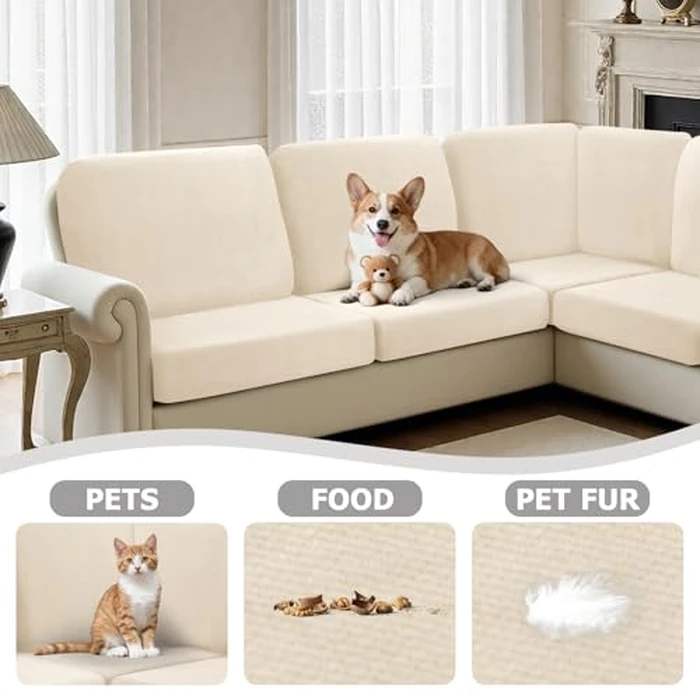 Arfntevss Velvet Sectional Couch Covers L Shape Couch Cushion Covers Slipcovers Fitted Stretch Corner Pet Sofa Cover for Dog Soft & Non-slip U Shaped Furniture Protector (5 Seat 6 Back Cushion, Beige) by Arfntevss - Image 6