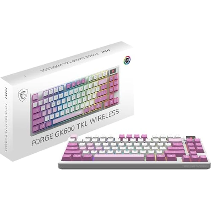MSI Forge GK600 TKL W Violet US - Mechanical Linear SWITCHES - Dye-Sublimated PBT Keycaps, Anti-Slip Base, RGB LED, USB 2.0, Bluetooth, 2.4 GHz - Tenkeyless by MSI - Used - Very Good condition
