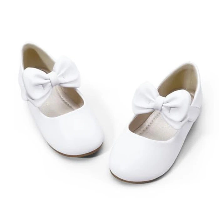 PANDANINJIA Girls Toddler/Little Kid Megan Dress Flats Shoes Pearls Bow Flower Girl Ballet Flat Mary Jane (White Pu, 6 M US Toddler) by PANDANINJIA - Used - Like New condition