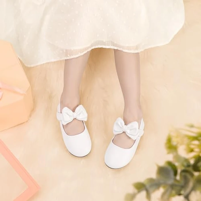 PANDANINJIA Girls Toddler/Little Kid Megan Dress Flats Shoes Pearls Bow Flower Girl Ballet Flat Mary Jane (White Pu, 6 M US Toddler) by PANDANINJIA - Image 2