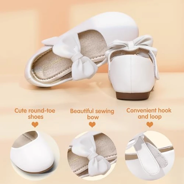 PANDANINJIA Girls Toddler/Little Kid Megan Dress Flats Shoes Pearls Bow Flower Girl Ballet Flat Mary Jane (White Pu, 6 M US Toddler) by PANDANINJIA - Image 4