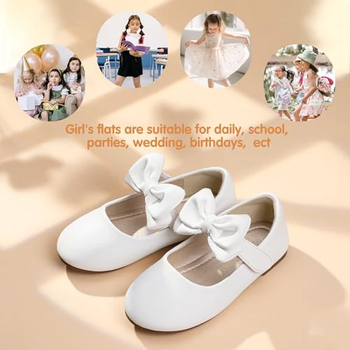 PANDANINJIA Girls Toddler/Little Kid Megan Dress Flats Shoes Pearls Bow Flower Girl Ballet Flat Mary Jane (White Pu, 6 M US Toddler) by PANDANINJIA - Image 5