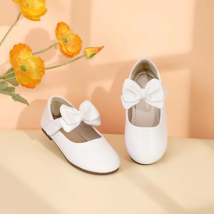 PANDANINJIA Girls Toddler/Little Kid Megan Dress Flats Shoes Pearls Bow Flower Girl Ballet Flat Mary Jane (White Pu, 6 M US Toddler) by PANDANINJIA - Image 6