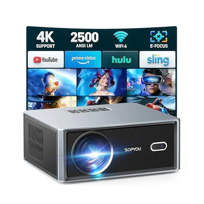 [Short Throw/2500 ANSI/E-Focus] SOPYOU 4K Decoding Projector with WiFi and Bluetooth, Outdoor Movie Projectors, Max 450" Display Home Theater, Portable Smart Proyector for iOS/Android/TV Stick/PS5 by SOPYOU - Used - Like New condition - US$118.29