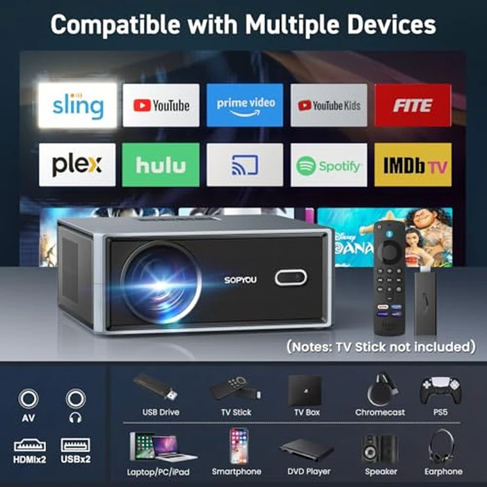 [Short Throw/2500 ANSI/E-Focus] SOPYOU 4K Decoding Projector with WiFi and Bluetooth, Outdoor Movie Projectors, Max 450" Display Home Theater, Portable Smart Proyector for iOS/Android/TV Stick/PS5 by SOPYOU - Image 7