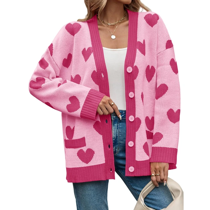 Saodimallsu Womens Oversized Heart Cardigan Color Block V Neck Button Long Sleeve Chunky Valentines Sweaters by Saodimallsu - Image 2