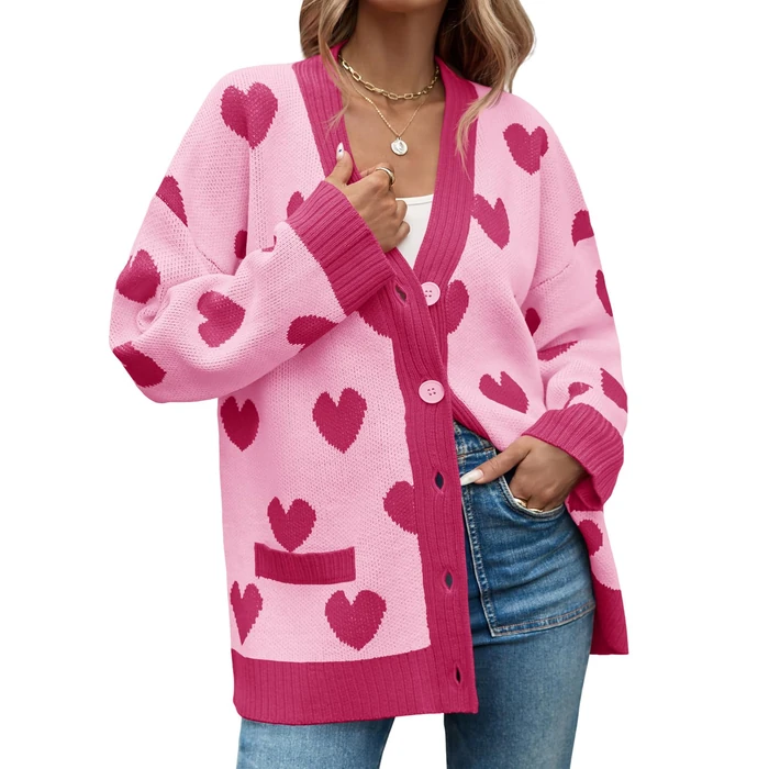 Saodimallsu Womens Oversized Heart Cardigan Color Block V Neck Button Long Sleeve Chunky Valentines Sweaters by Saodimallsu - Image 4