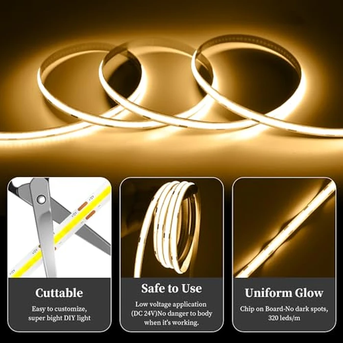 iNextStation COB LED Strip Light Warm White 32.8FT/10M, DC24V CRI 93+ Dimmable Flexible LED Tape Lights for Bedroom, Kitchen, TV Backlight, Cupboard, Wardrobe, Home Lighting Decor by iNextStation - Image 2