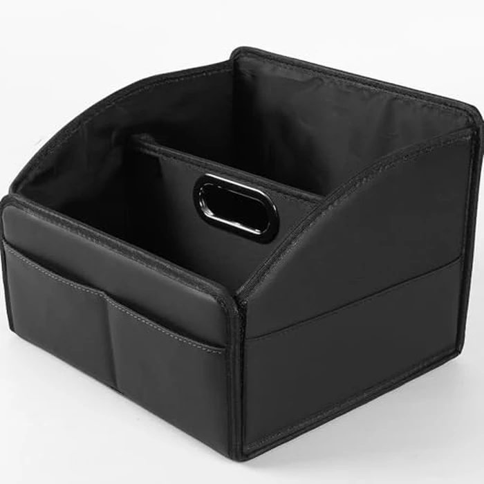 Uplien Car Storage Organizer [2025 UPDATED] Leather Car Caddy Basket for Front Seat Floor Back Seats Metal Handle 6 Compartments Adjustable Strap Buckles Slip-Resistant (Black) by Uplien - Used - Very Good condition